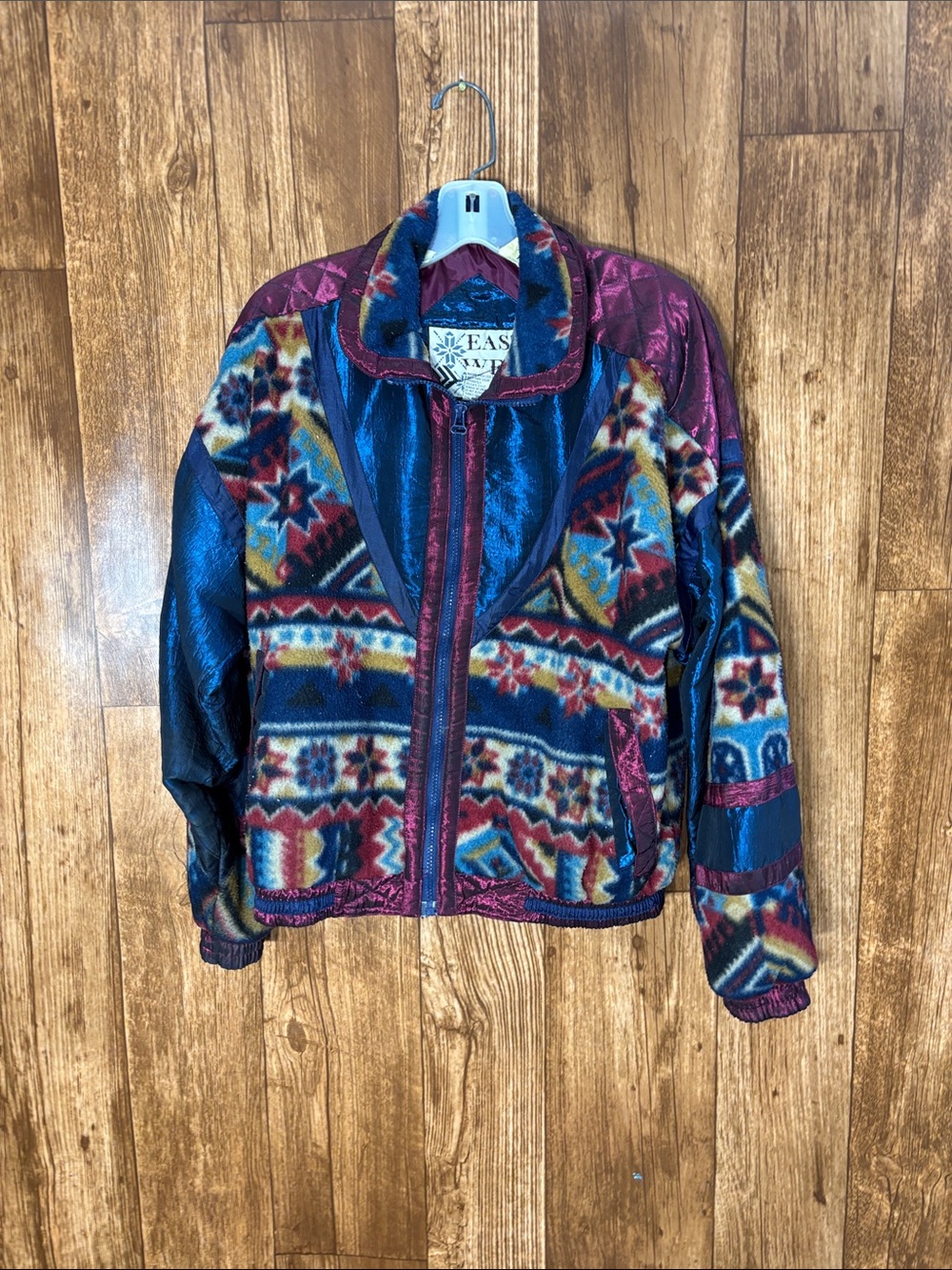 East West Multicolor Navajo-Pattern Teddy Jacket in Navy & Burgundy